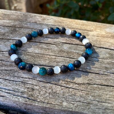 "Triple Protection" Lithotherapy Elastic Bracelet Turquoise Tiger Eye, Lava Stone and Moonstone