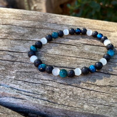 "Triple Protection" Lithotherapy Elastic Bracelet Turquoise Tiger Eye, Lava Stone and Moonstone