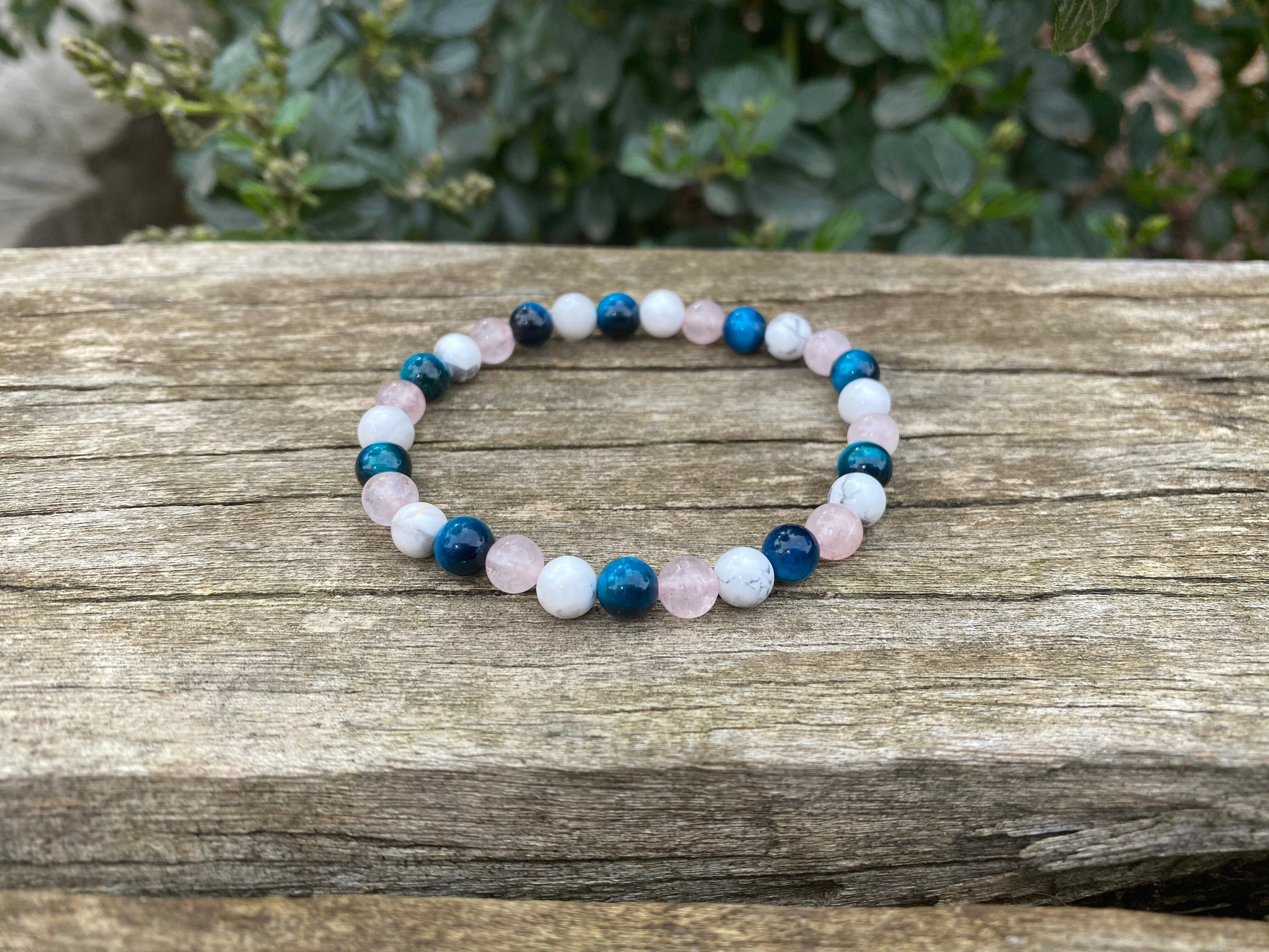 Bracciale Elastico Litoterapia "Tripla Protezione" Occhio di Tigre Turchese, Quarzo Rosa e Howlite Bianca