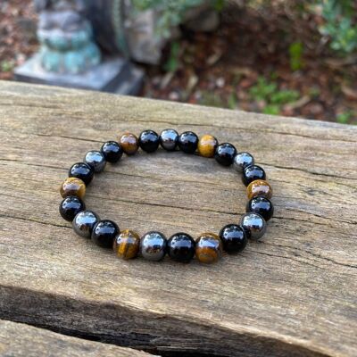 Elastic Lithotherapy Bracelet "Triple Protection" Tiger Eye, Hematite and Black Onyx