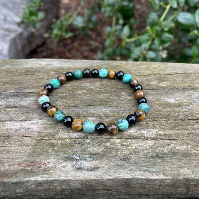 Elastic Lithotherapy Bracelet "Triple Protection" Tiger Eye, African Turquoise and Black Onyx