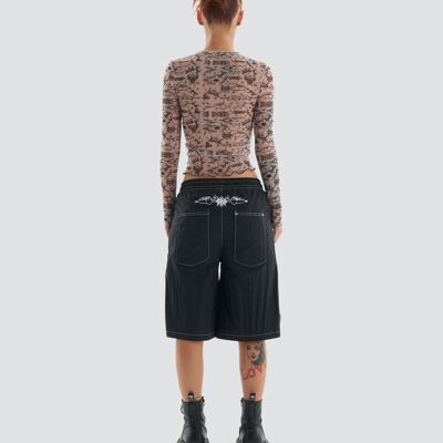 Play Harder Oversized Parachute Basketball Shorts with Tattoo Print in Black