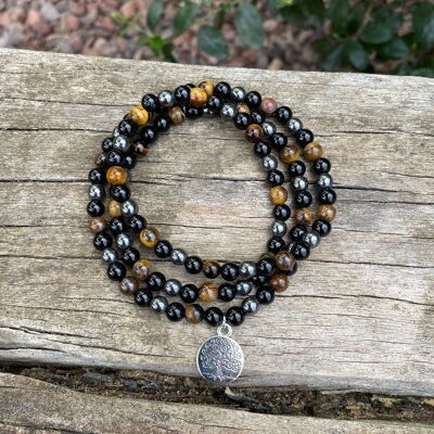 Pulsera Mala 108 cuentas "Triple Protección" Ojo de Tigre, Hematites y Ónix Negro