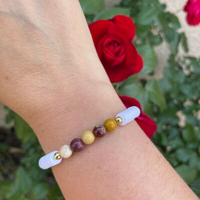 Elastic lithotherapy bracelet in Jasper Mokaite or Mookaite and Heishi beads, Made in France