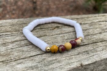 Bracelet élastique de lithothérapie en Jaspe Mokaïte ou Mookaite et perles Heishi, Made in France 6