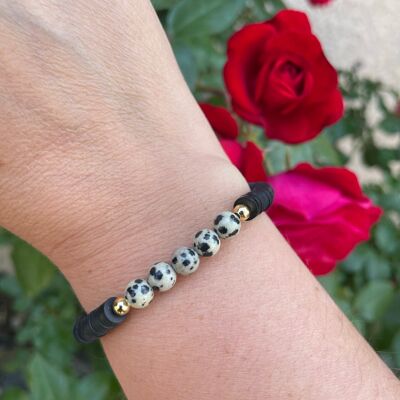 Elastic lithotherapy bracelet in Dalmatian Jasper and Heishi beads, Made in France
