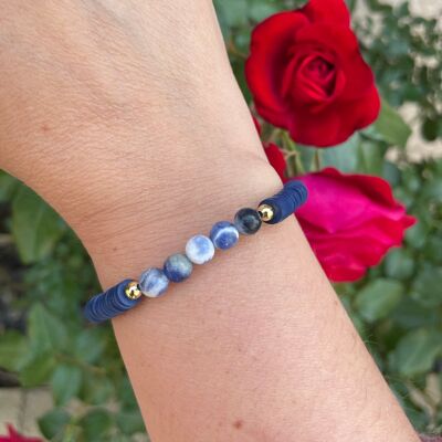 Elastic lithotherapy bracelet in Sodalite and Heishi beads, Made in France