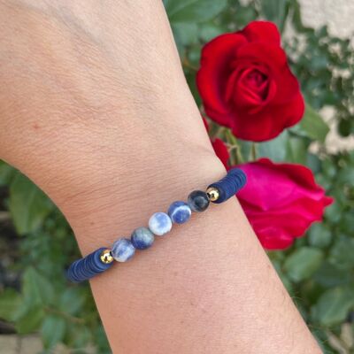 Bracelet élastique de lithothérapie en Sodalite et perles Heishi, Made in France