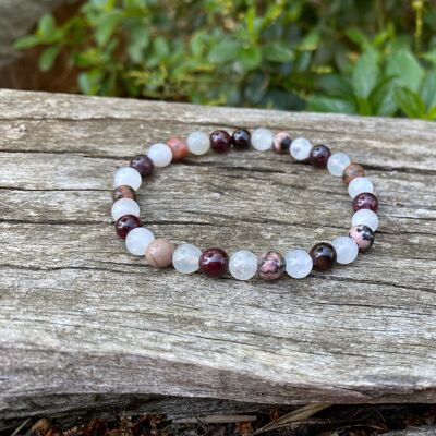 "Triple Protection" Lithotherapy Elastic Bracelet Moonstone, Garnet and Rhodonite