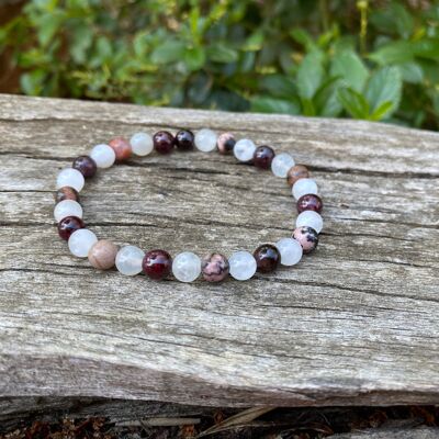Bracelet élastique de Lithothérapie "Triple Protection" Pierre de Lune, Grenat et Rhodonite