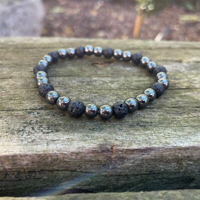 Elastic Lithotherapy Bracelet in Lava Stone and Hematite