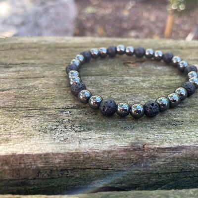 Elastic Lithotherapy Bracelet in Lava Stone and Hematite