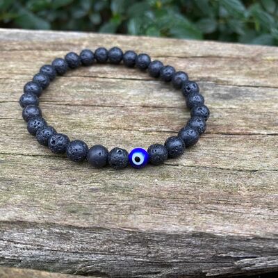 Pulsera elástica de litoterapia en piedra de lava natural y Ojo Turco Nazar Boncuk