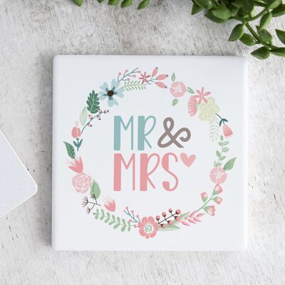 Ceramic Coaster Mr & Mrs Wreath