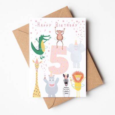 Tarjeta de cumpleaños de animales fiesteros de 5 años