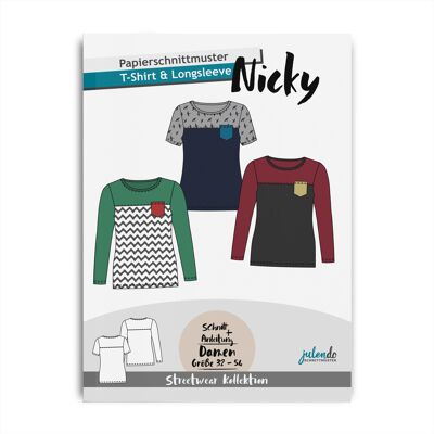 Papierschnittmuster Oberteil Nicky (Longsleeve und T-Shirt) mit Tasche, Gr. 32 - 52 | Damen Schnittmuster mit farbiger Nähanleitung (deutsch)