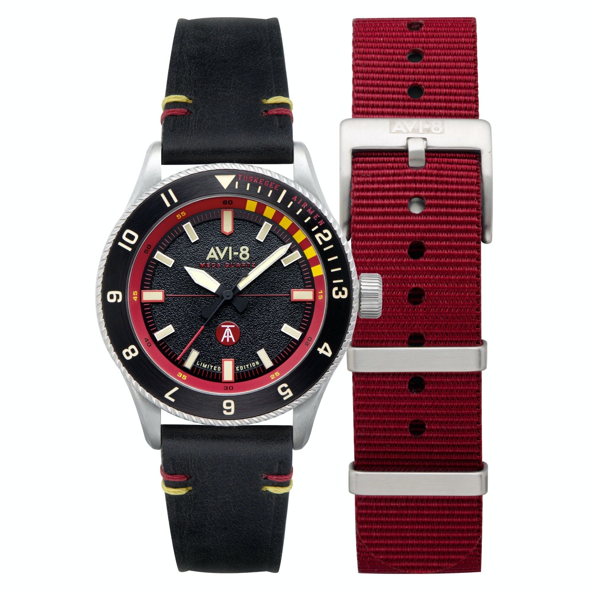 AV-4103-01 – AVI-8 Herren-Quarzuhr – Armband aus echtem Rindsleder + Nato – 3 Zeiger – Tuskegee