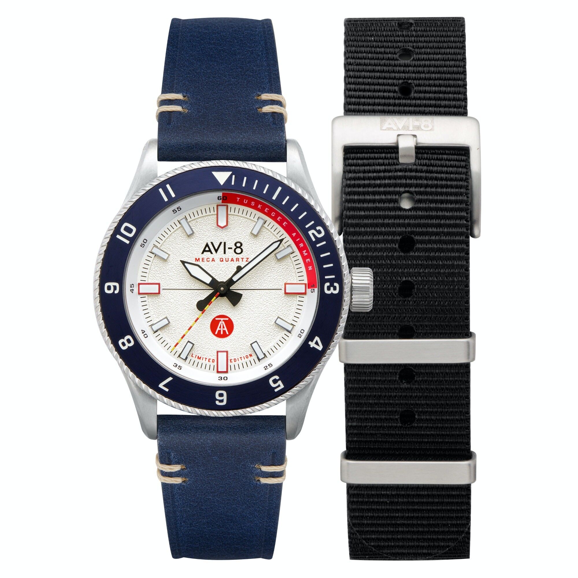 AV-4103-02 – AVI-8 Herren-Quarzuhr – Armband aus echtem Rindsleder + Nato – 3 Zeiger – Tuskegee
