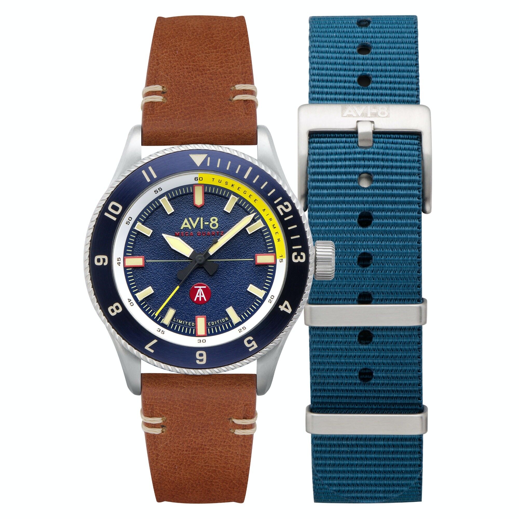 AV-4103-03 – AVI-8 Herren-Quarzuhr – Armband aus echtem Rindsleder + Nato – 3 Zeiger – Tuskegee