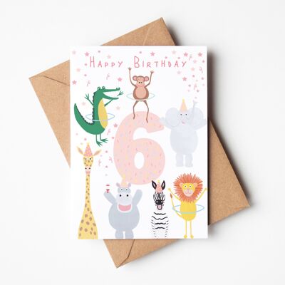 Tarjeta de cumpleaños de animales fiesteros de 6 años