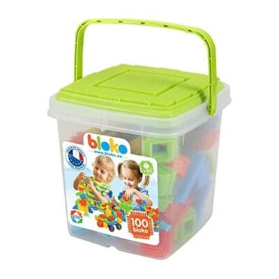 Green Storage Barrel + 100 Bloko + 1 Game Plate - Construction Game - From 12 months - 503553