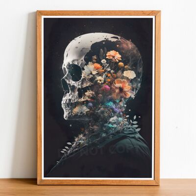 Skull with flowers 04 double exposure print wall art