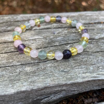 Bracciale Elastico Litoterapia "Tripla Protezione" Quarzo Rosa, Citrino e Fluorite