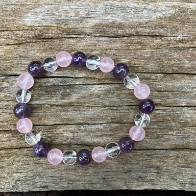 Elastic Lithotherapy Bracelet "Triple Protection" Rose Quartz, Rock Crystal and Amethyst