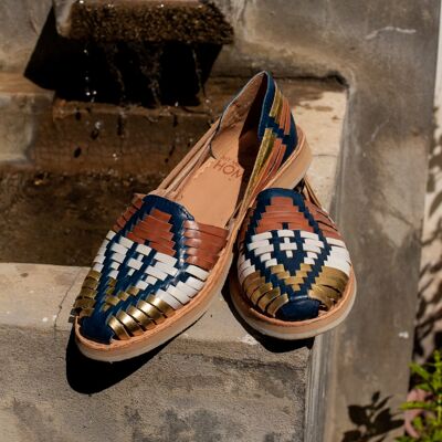 Sandales Huarache en cuir faites à la main pour femmes | Or & Bleu