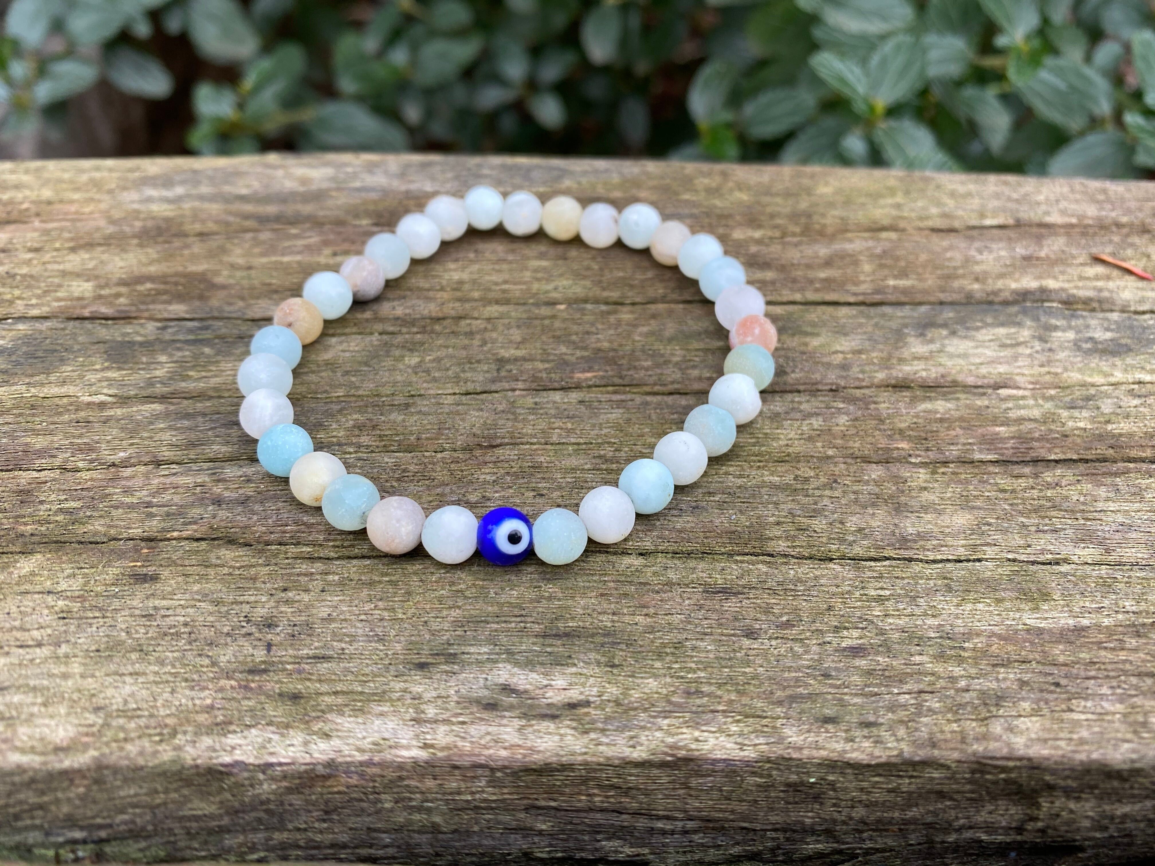 Elastisches Lithotherapie-Armband aus Amazonit und türkischem Auge Nazar Boncuk