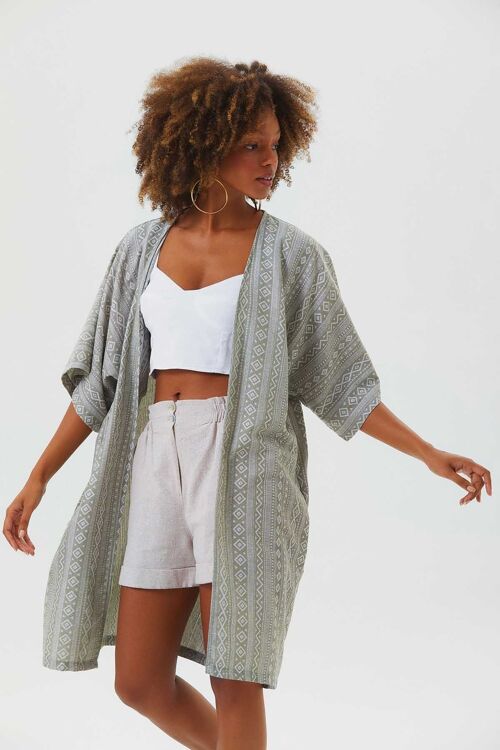 Printed Short Sleeve Khaki Kimono