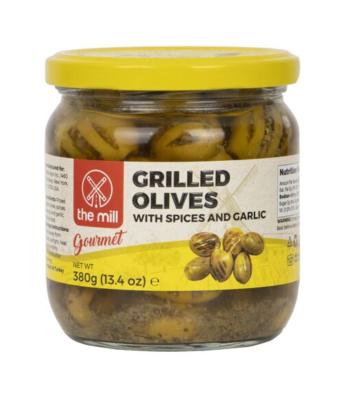 The Mill Gourmet Gegrillte Oliven 380 g Glas - Mit Nativem Olivenöl Extra, Gewürzmischung und Knoblauch
