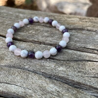 Elastic bracelet of Lithotherapy Triple protection Howlite, Rose Quartz and Amethyst