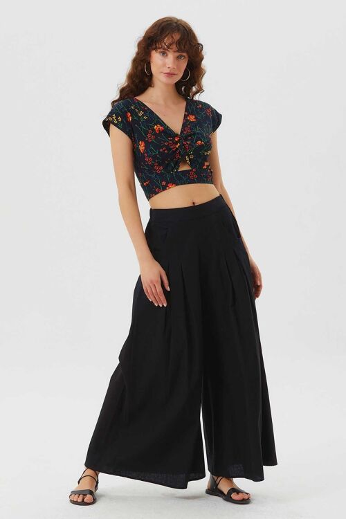 Wide Leg Pleated Women's Black Boho Pants