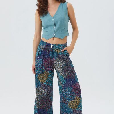 Pantalon Bohème Turquoise Taille Haute