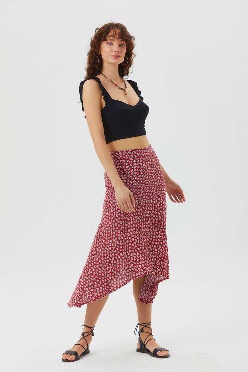 Asymmetric Cut Skirt With Waist Corsage Red