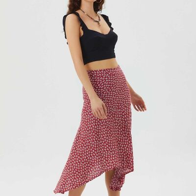 Asymmetric Cut Skirt With Waist Corsage Red