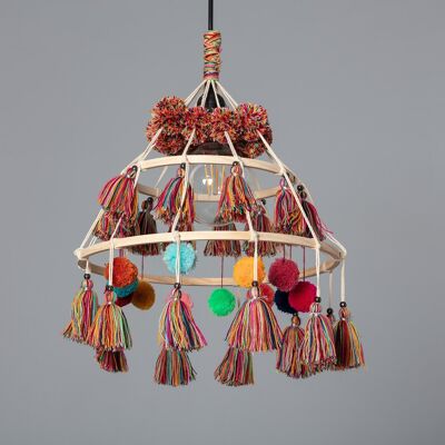 Ledkia Pendant Lamp Wood and Cotton Pompom Cuzco Natural