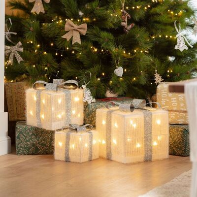 Ledkia 3er-Pack Weihnachts-Geschenkboxen mit LED-Band, silberfarben