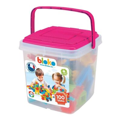 Pink Storage Barrel + 100 Bloko + 1 Game Plate - Construction Game - From 12 months - 503584