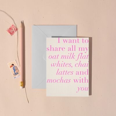 Teilen Sie meine Valentinstagskarte mit Hafermilch-Flachweiß mit Ihnen | Liebeskarte