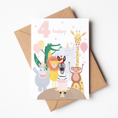 Party-Tiere-Geburtstagskarte für 4 Jahre