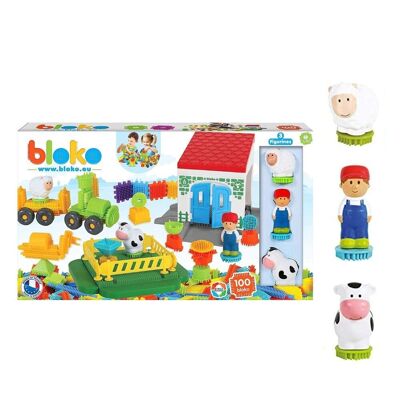 Schachtel mit 100 Bloko + 1 Bauernhof + 3 3D-Figuren – Bauspiel für das 1. Alter – ab 12 Monaten – 503634