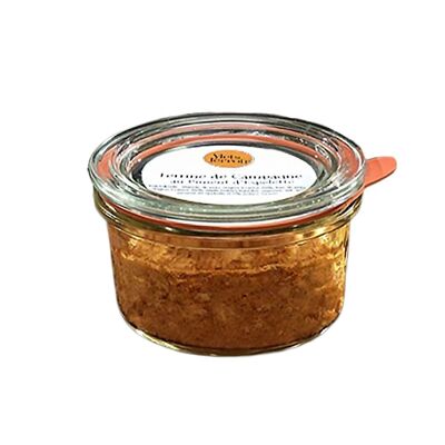 Country Terrine with Espelette Pepper: An Explosion of Flavors Enhanced by Chili, Ready to Awaken your Taste Buds, to be enjoyed in a Shelf-Stable Jar.