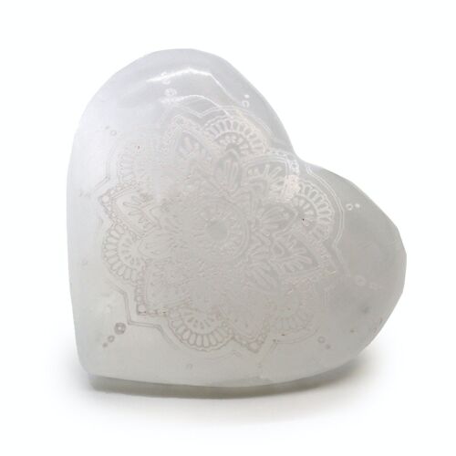 SelW-17 - Selenite Heart - 7-8cm - Mandala Engraved - Sold in 1x unit/s per outer