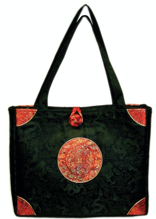Black zipped handbag with red motifs