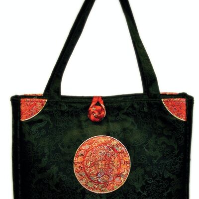 Black zipped handbag with red motifs