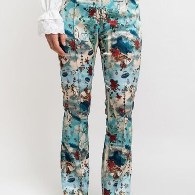 TROUSERS woman turquoise with red flowers - CARDIGAN