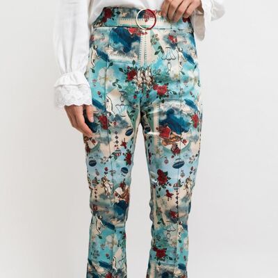 TROUSERS woman turquoise with red flowers - CARDIGAN