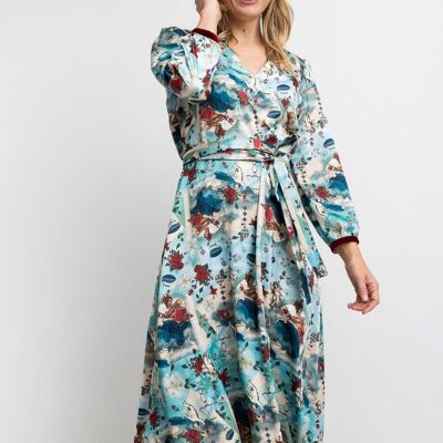Turquoise women's MIDI DRESS with red flowers - CARDIGAN